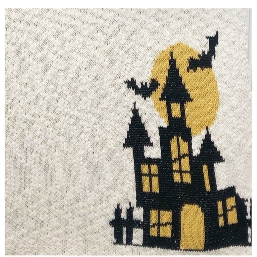 Cynthia‎ Rowley Halloween Haunted House Throw Blanket Beige Bats Pumpkins Decor - Picture 3 of 7